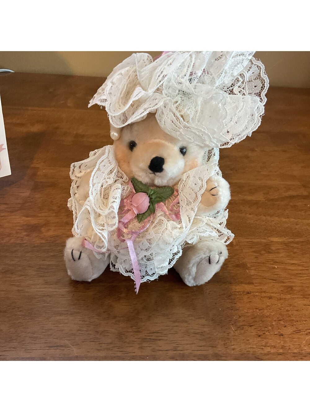Vintage White Plush Toy Teddy Bear Beige Lace Dress Stuffed Animal 9 Tall